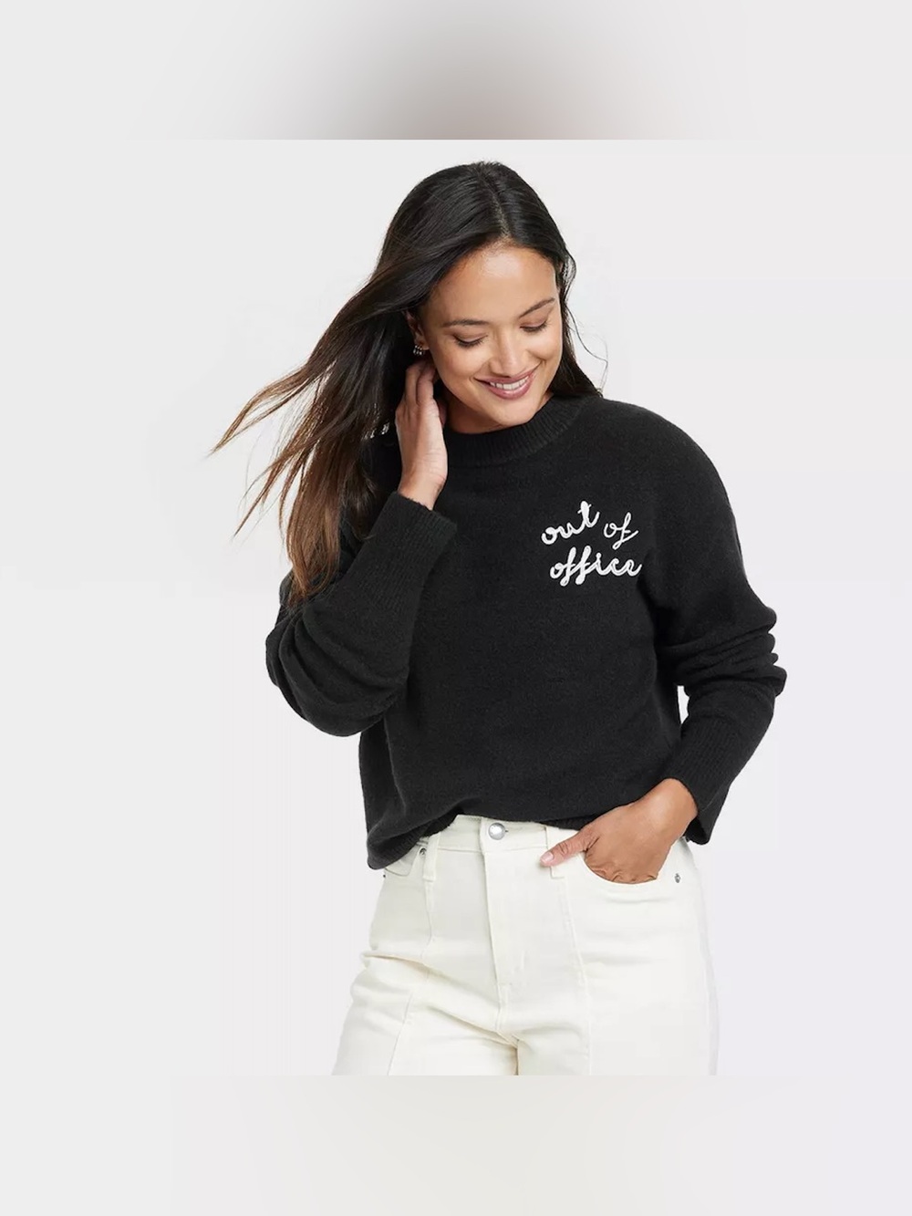 Black Soft Knit Sweater Out of Office Embroidered Cozy Slouchy Pullover Casual L